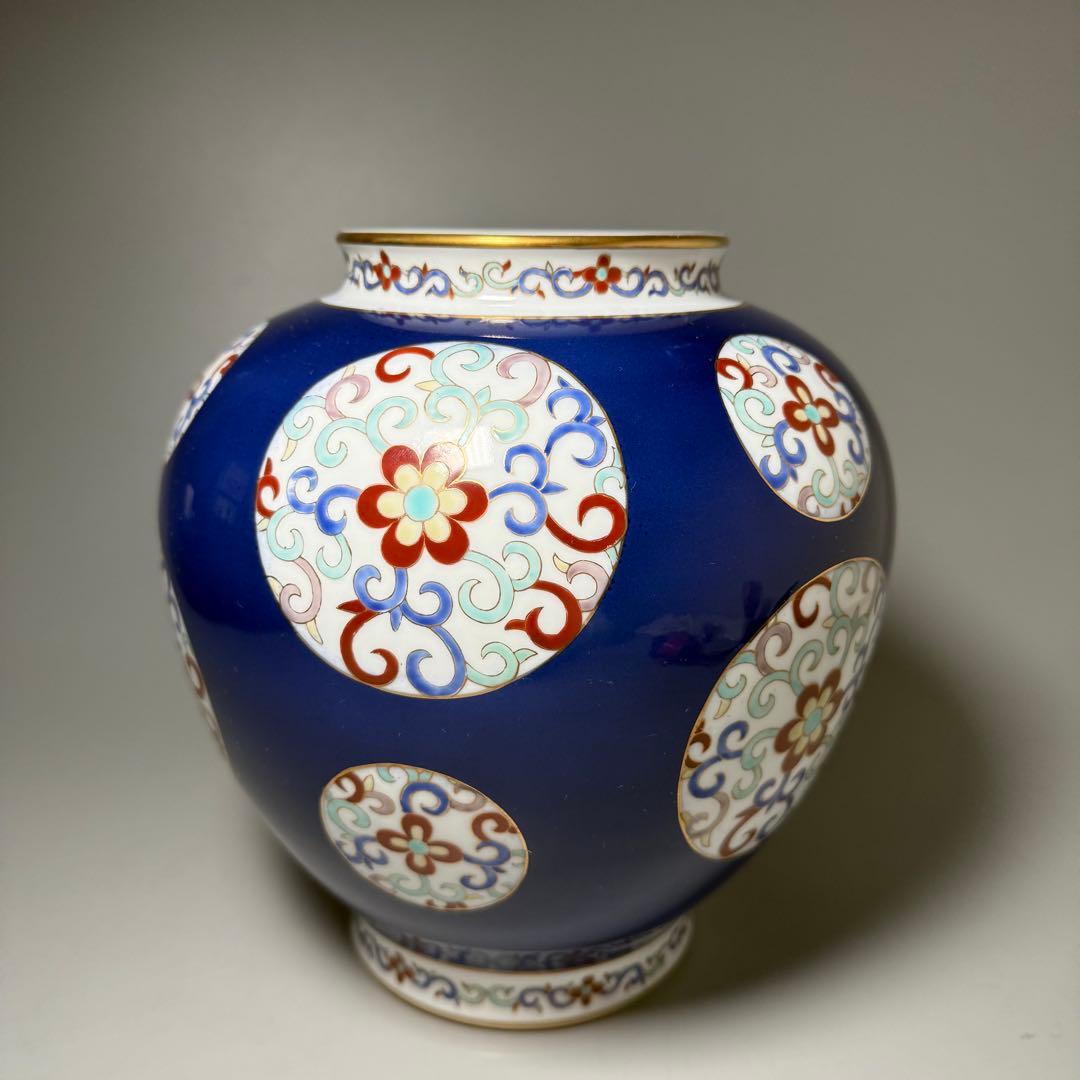 オールド香蘭社　昭和10年頃　色絵丸文様花瓶　鮮やかな香蘭社ブルー　里帰り品