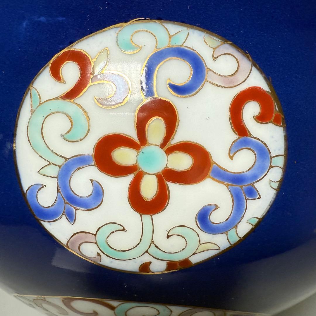 オールド香蘭社 昭和10年頃 色絵丸文様花瓶 鮮やかな香蘭社ブルー 里帰り品