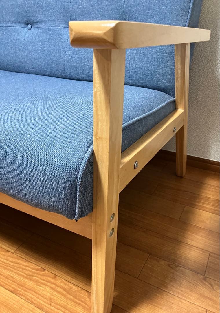 【美品＊送料込】 2人掛け ソファー ブルー 木脚＆木肘