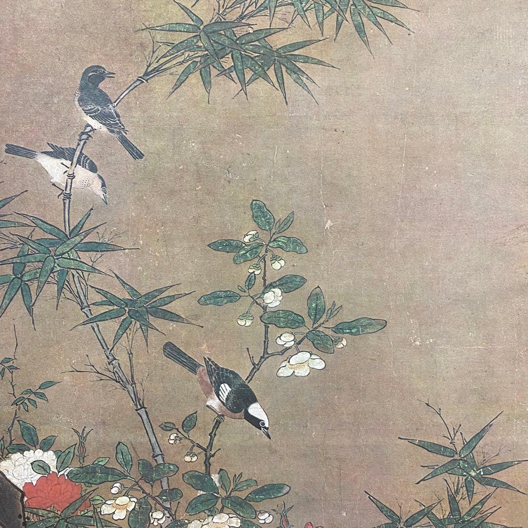 美品 掛け軸 狩野玉楽筆「霊猫睡戯図」鳥獣 複製印刷 室町末期