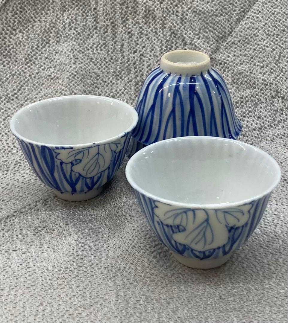 B151s 染付一葉煎茶碗5個茶道具瀬戸骨董ぐい呑盃