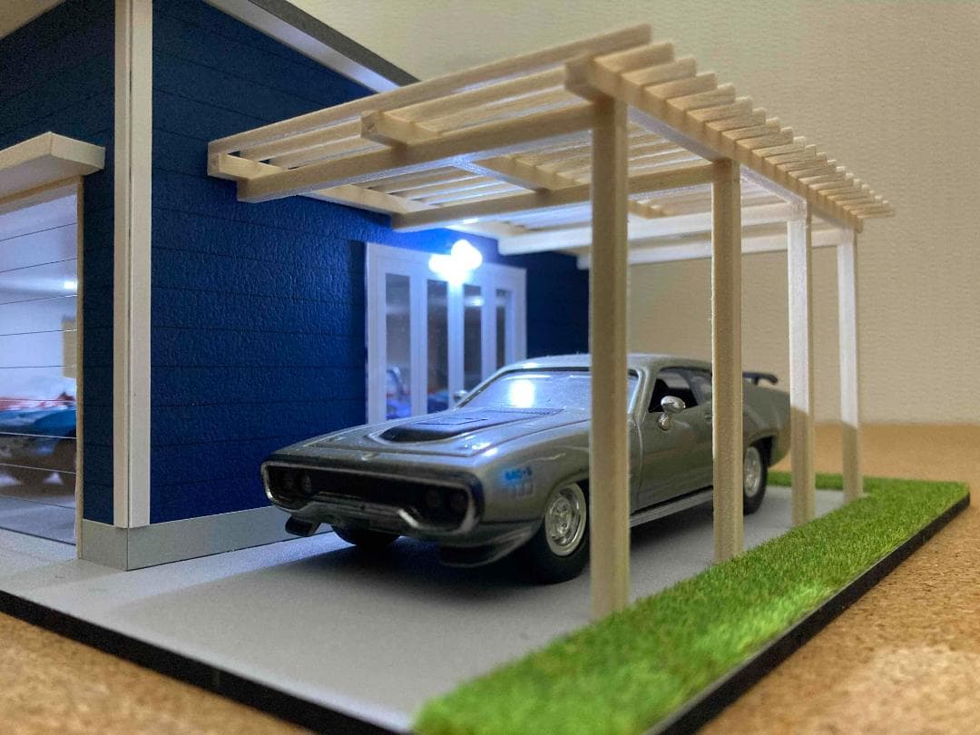 ミニカージオラマ：1/43 木造パーゴラ付ガレージ（ダークブルー）／即