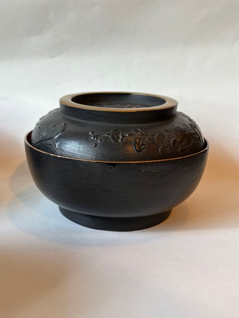 明治　大正期　会津塗　鉄錆塗　蒔絵　富士山　木製　蓋付き　お椀　梅鶯　内朱　5客