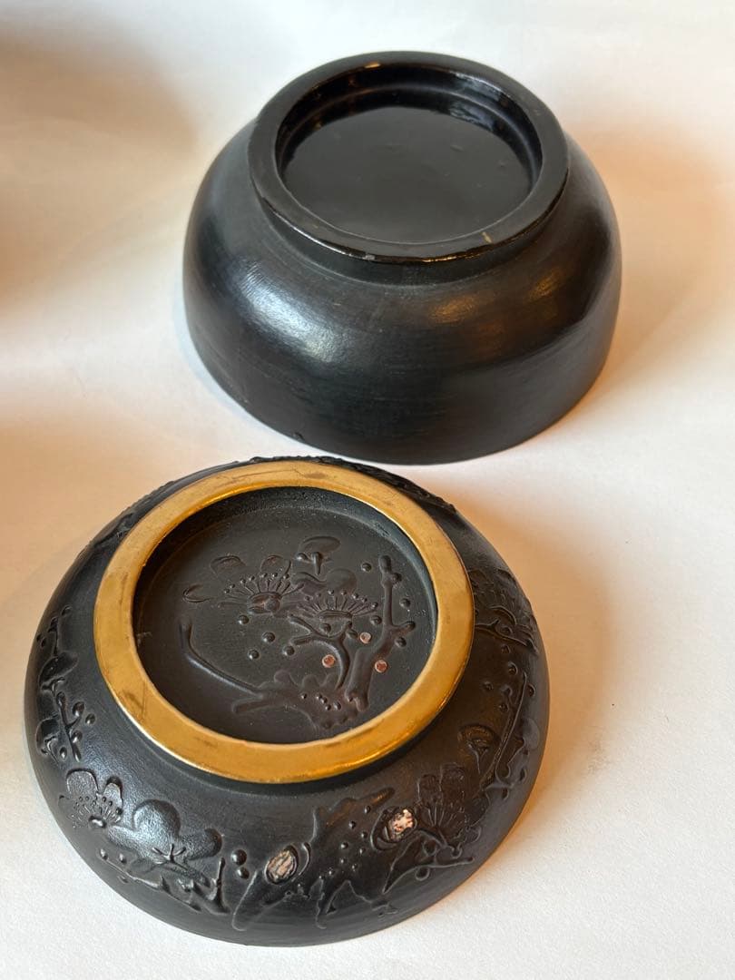 明治　大正期　会津塗　鉄錆塗　蒔絵　富士山　木製　蓋付き　お椀　梅鶯　内朱　5客