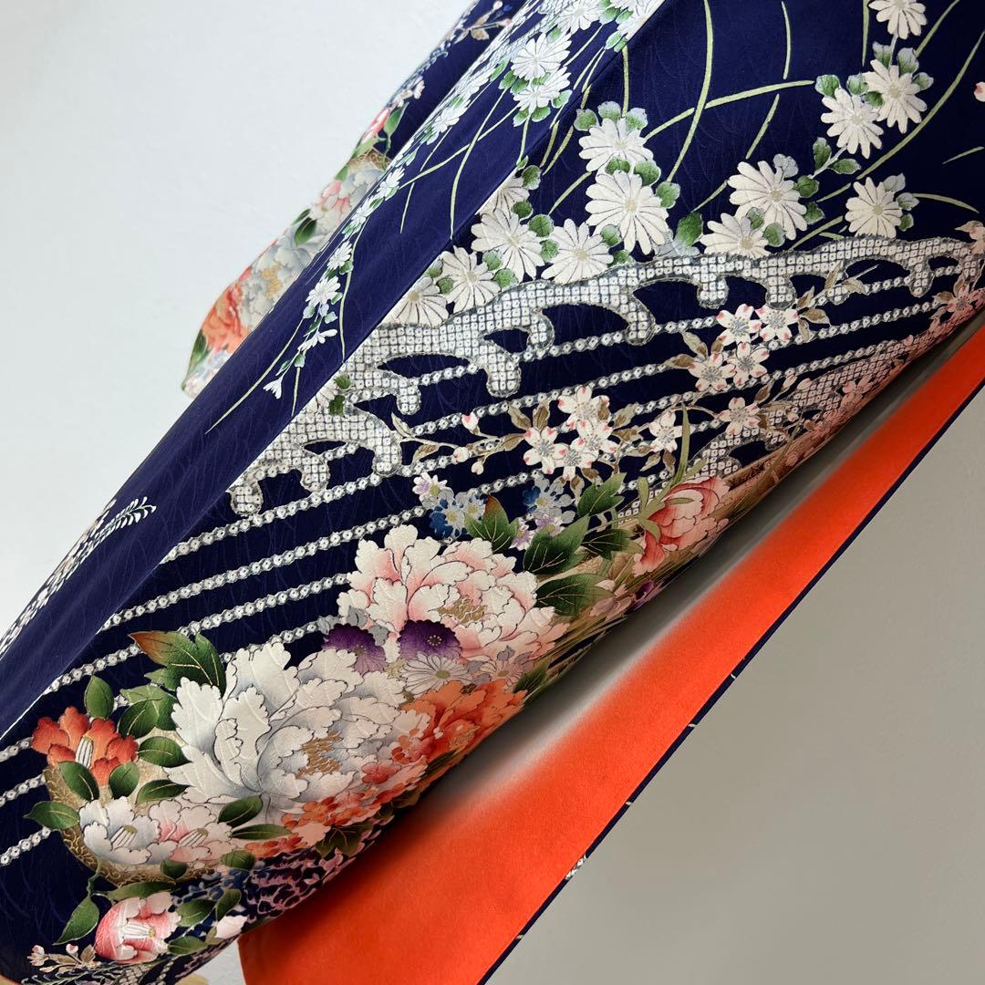 400 振袖フルセット 正絹 紺 ネイビー 紫 金彩 手描き 総柄 華やか 小紋