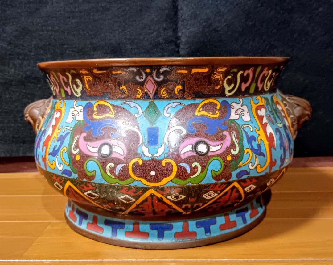 大口缸式器物 七宝焼き 倣古 置物 中国 大きい 工芸品 アンティーク