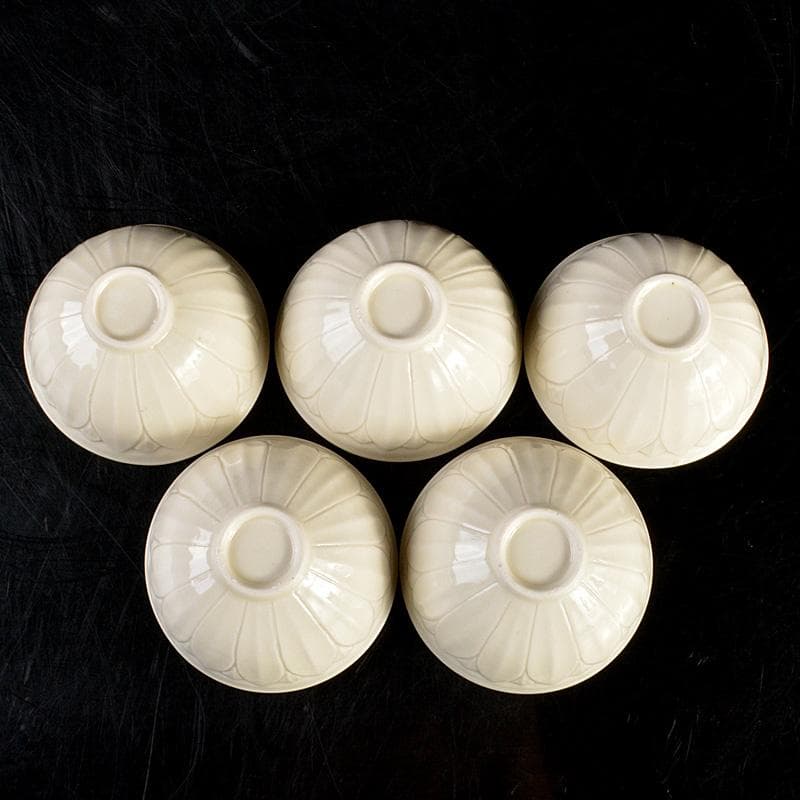 中国 徳化窯白磁 蓮弁刻 煎茶碗 盃 五客 M 8709E 中国