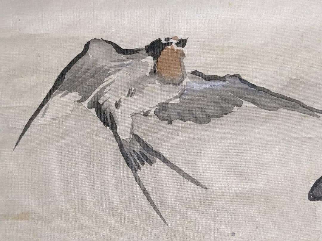 ♦日本画 書画 燕飛翔図 絹本墨画 絵画 水墨画 彩色画 美術品 骨董品