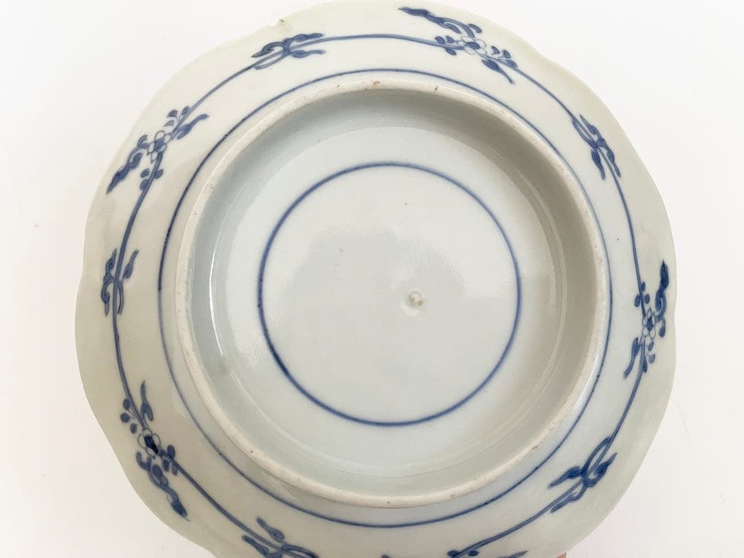 1骨董 アンティーク 藍柿右衛門 染付 菊雲鶴文様 輪花皿