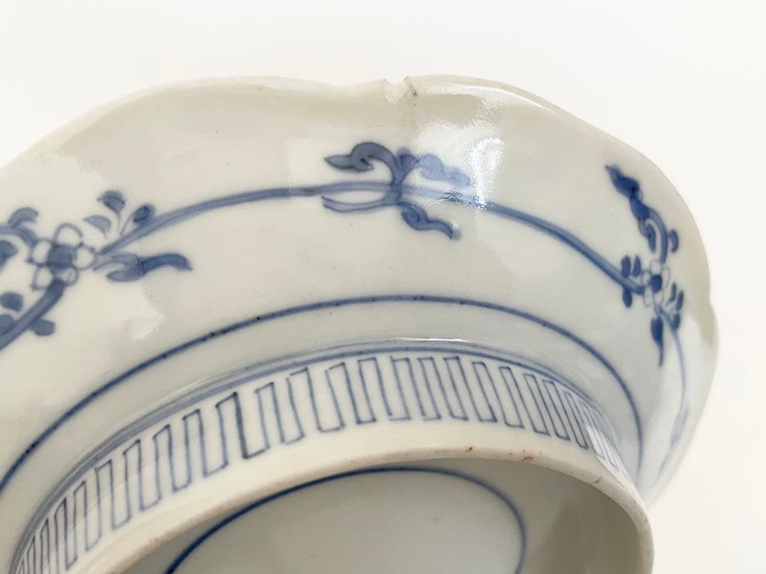 1骨董 アンティーク 藍柿右衛門 染付 菊雲鶴文様 輪花皿