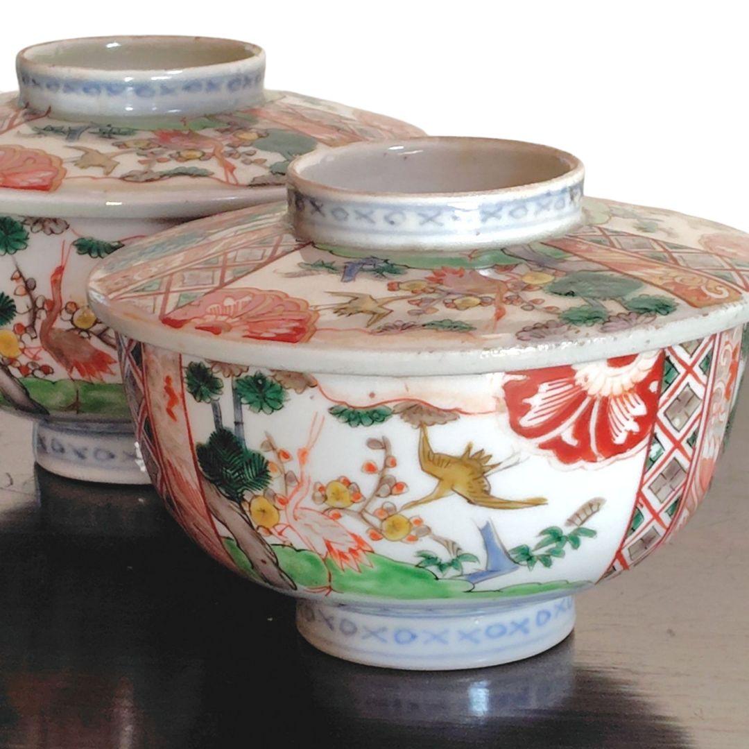 古伊万里 錦絵 金彩 蓋付き茶碗 飯茶碗 茶碗 2客 鳳凰 アンティーク レトロ