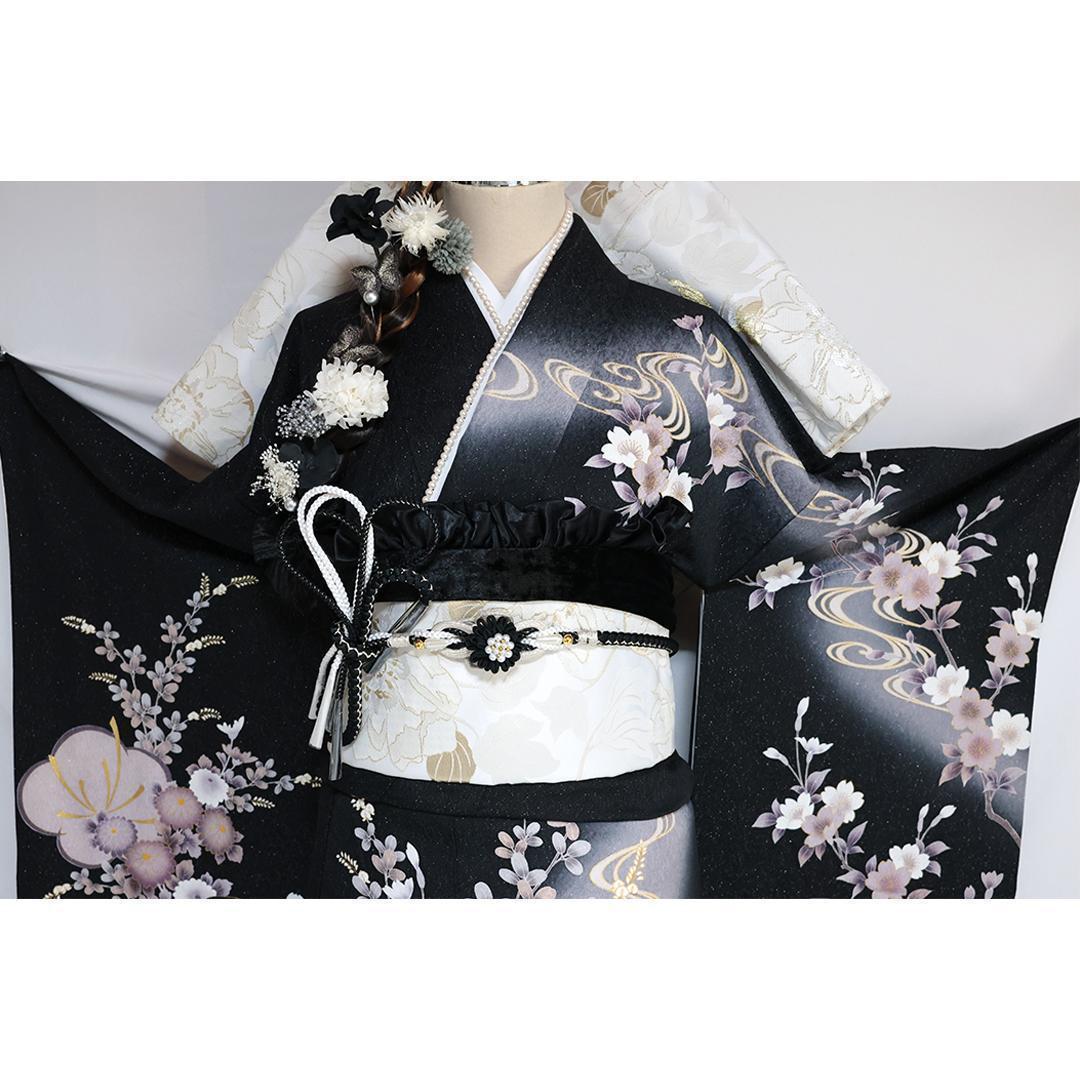 成人式直前SALE！良好！豪華黒×白 総絞り正絹振袖7点セット