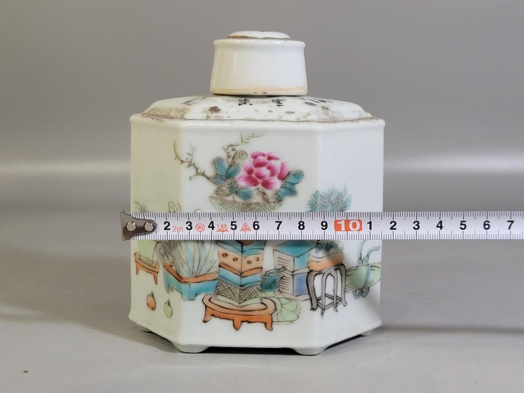 中国 色絵 花盆絵 六方 茶壷 DT448