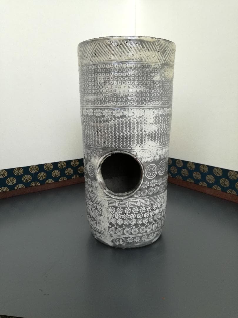 S 竹地文 釜師 呂尚 鉄製 筒釜 竹模様 銅蓋 茶釜 16cm 高さ