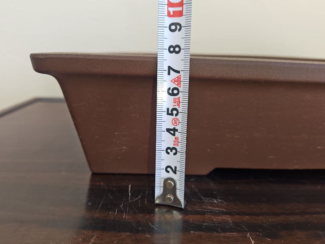 陶器の長方形盆栽鉢 ブラウン 約33cm ×24cm×7.8cm　落款　開洋