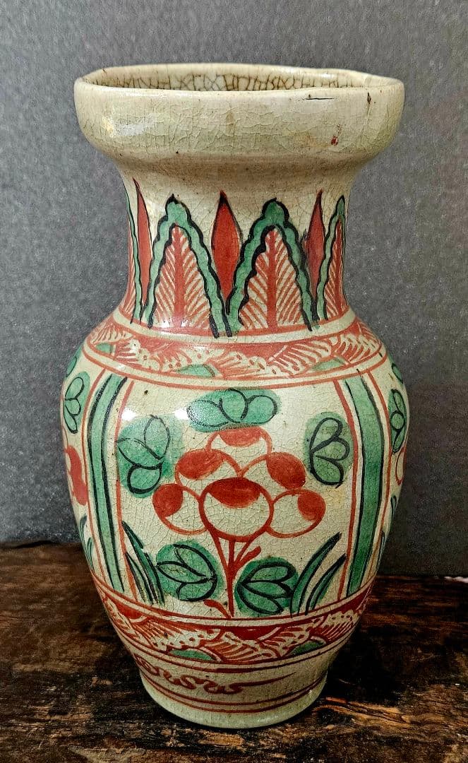 古代中国 明代～清代頃 古赤絵 天啓赤絵 四面花文様 広口壺 罐 花入れ