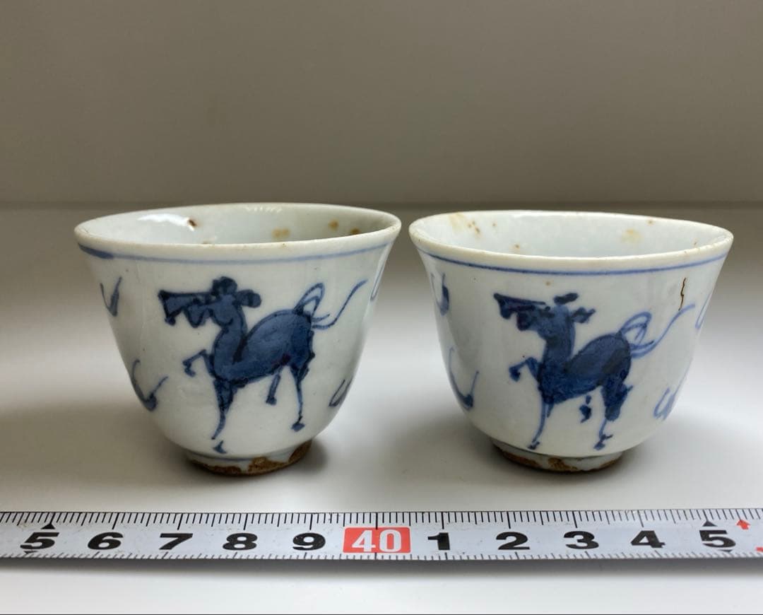 中国清時代　唐物青花キリン図煎茶碗2客　口径約6㎝　東Y7-0331☆2Fタトチ