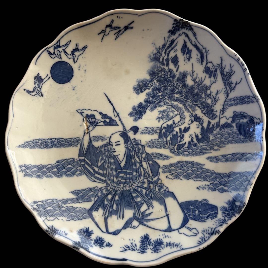 古伊万里 染付 輪鼻皿 人物文様 皿 アンティーク 鶴文 花形皿 かざり