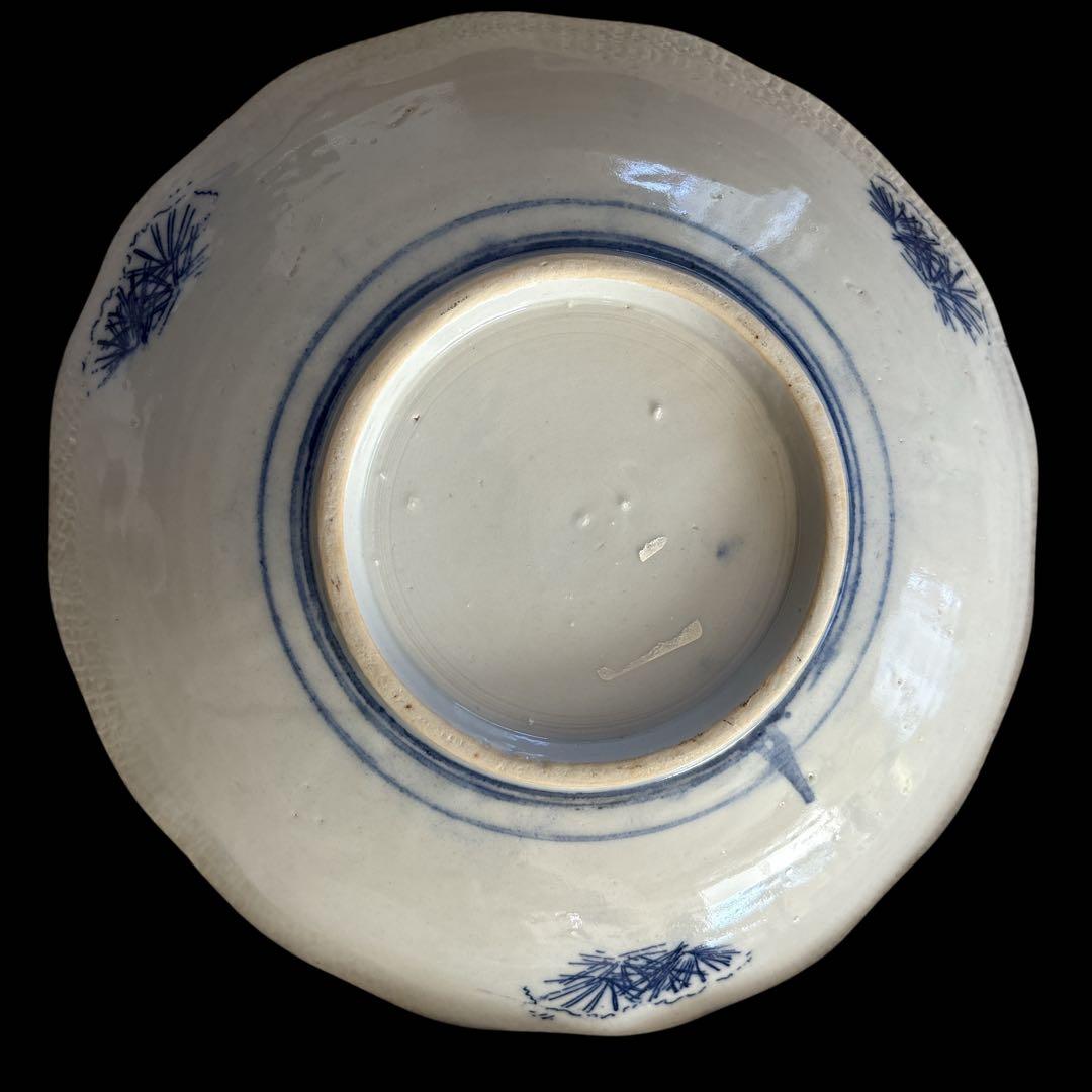 古伊万里 染付 輪鼻皿 人物文様 皿 アンティーク 鶴文 花形皿 かざり