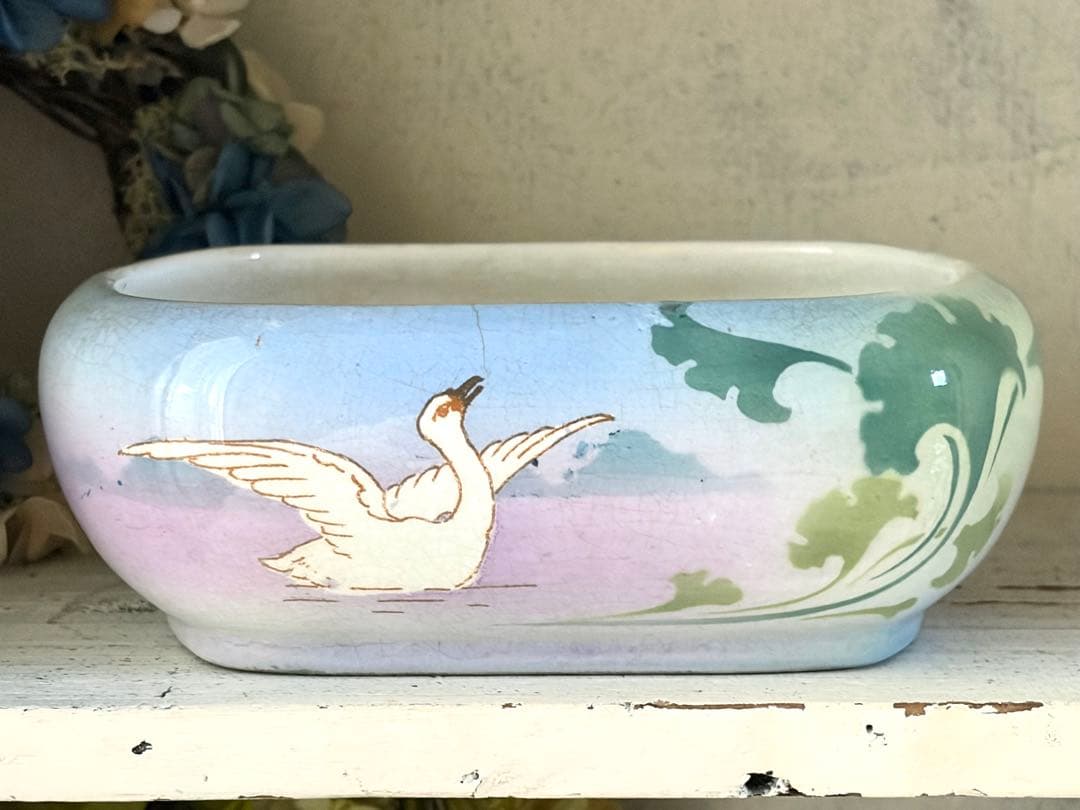 フランスアンティーク 蓋付きケース リュネヴィル窯 スワン 白鳥 小物入れ