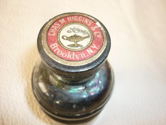 美品1950年代米国製 HIGGINS ヒギンズ ラベル コルクふた付きインク瓶