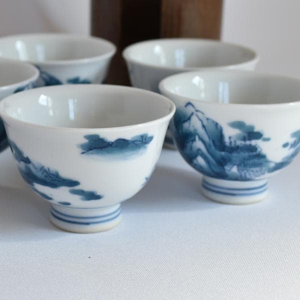 煎茶道 神代タモ碗入＋染付煎茶椀5客セット23 煎茶道 神代タモ碗入＋染