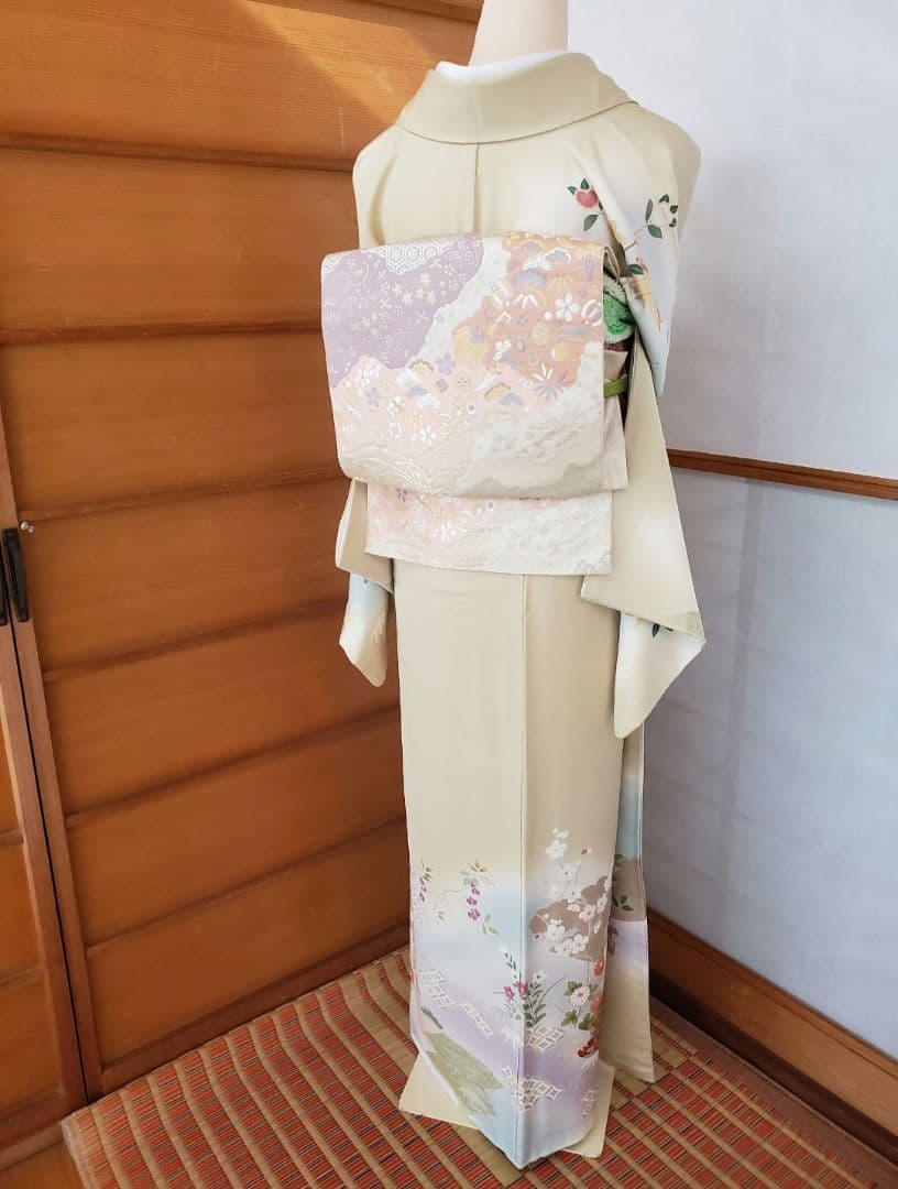 逸品SALE☆【着物帯セット＊】鶸色の古典柄訪問着 トールサイズ 裄