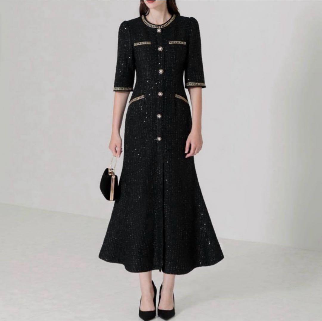 美品 Leja ラメ混ツイードレザーパイピングマーメイドロング丈ドレス