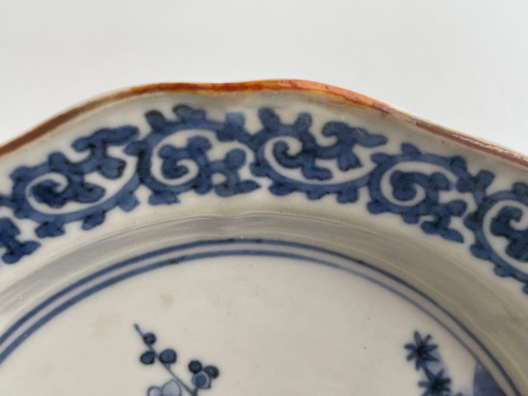 骨董アンティーク藍柿右衛門梅図蛸唐草文輪花縁膾皿向付縁錆
