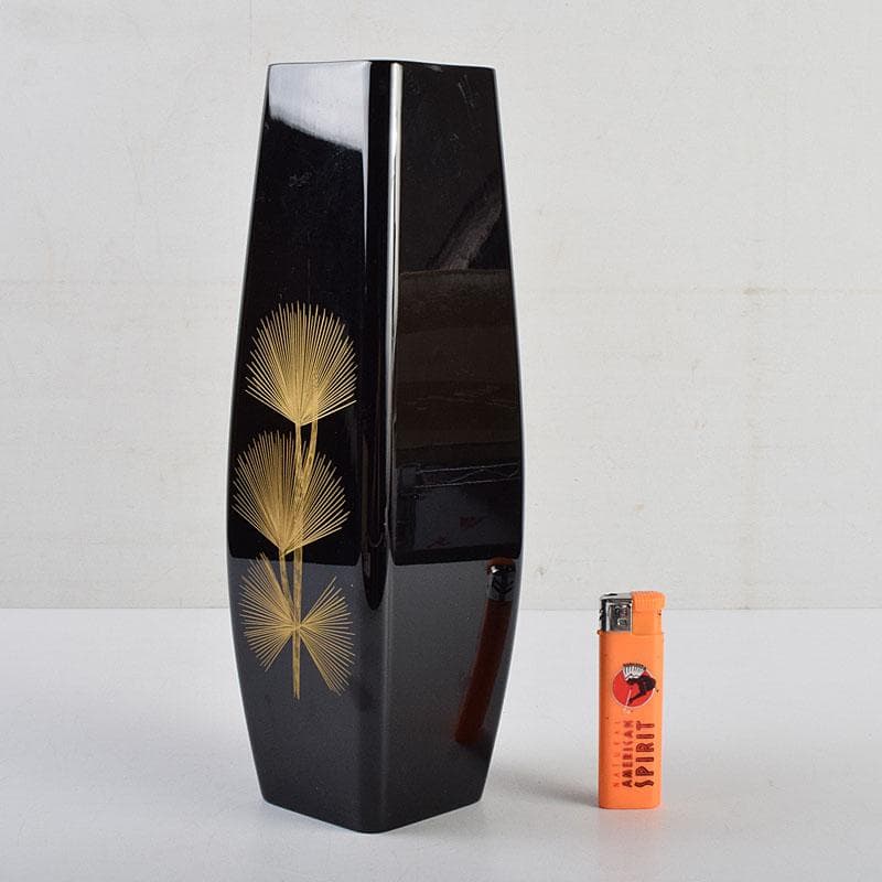 輪島塗　沈金師　角野岩次作　沈金　寿松文　花器　花入　共箱　V　R9403