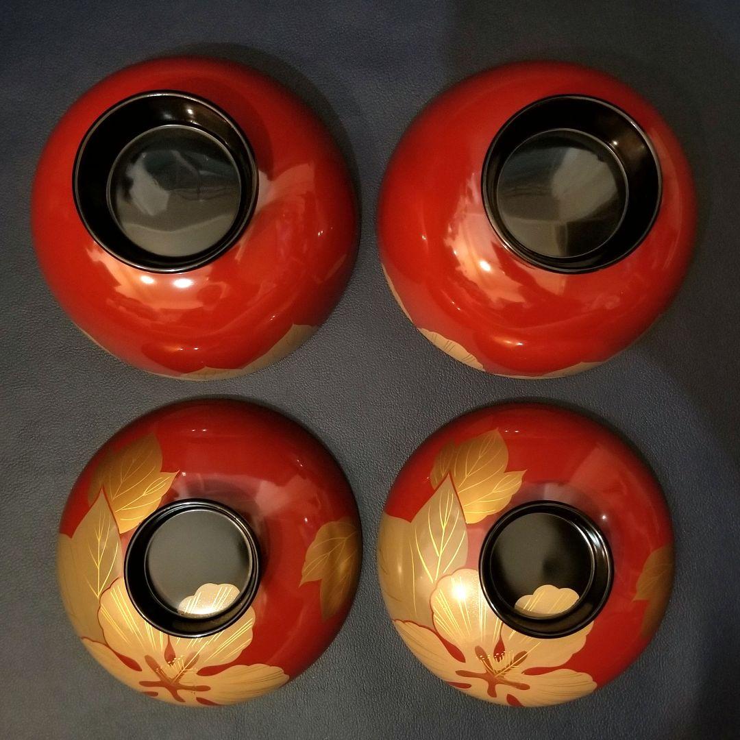 能登輪島塗 朱漆内黒 芙蓉花蒔絵のお椀 5客