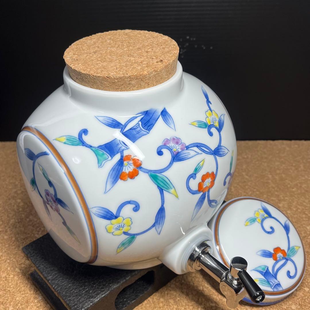 未使用】有田焼.華山萬右衛門窯 染錦枝花酒器/陶器製花枝保冷サーバー