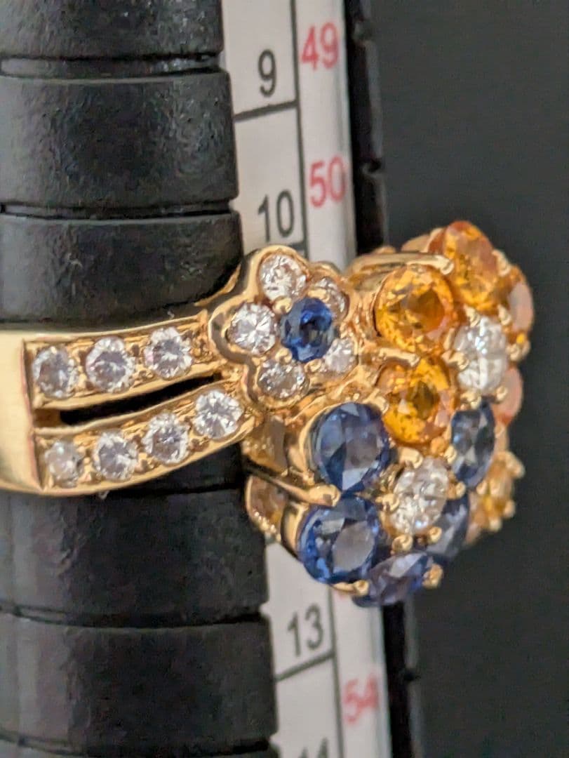 mayuブルーイエローサファイアダイヤモンドフラワーデザイン K18リング