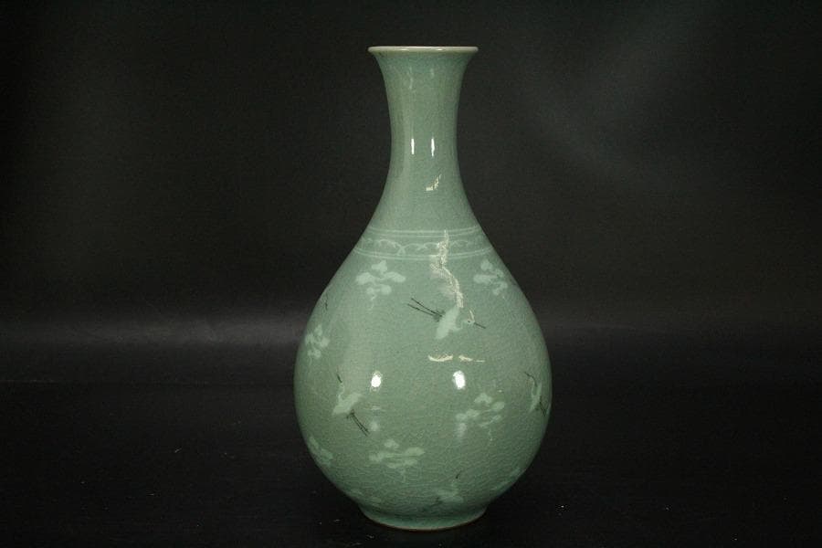 朝鮮美術 青磁 雲鶴紋 梅瓶 高22.5cm 東南陶窯 古堂趙斗彦(メ1155