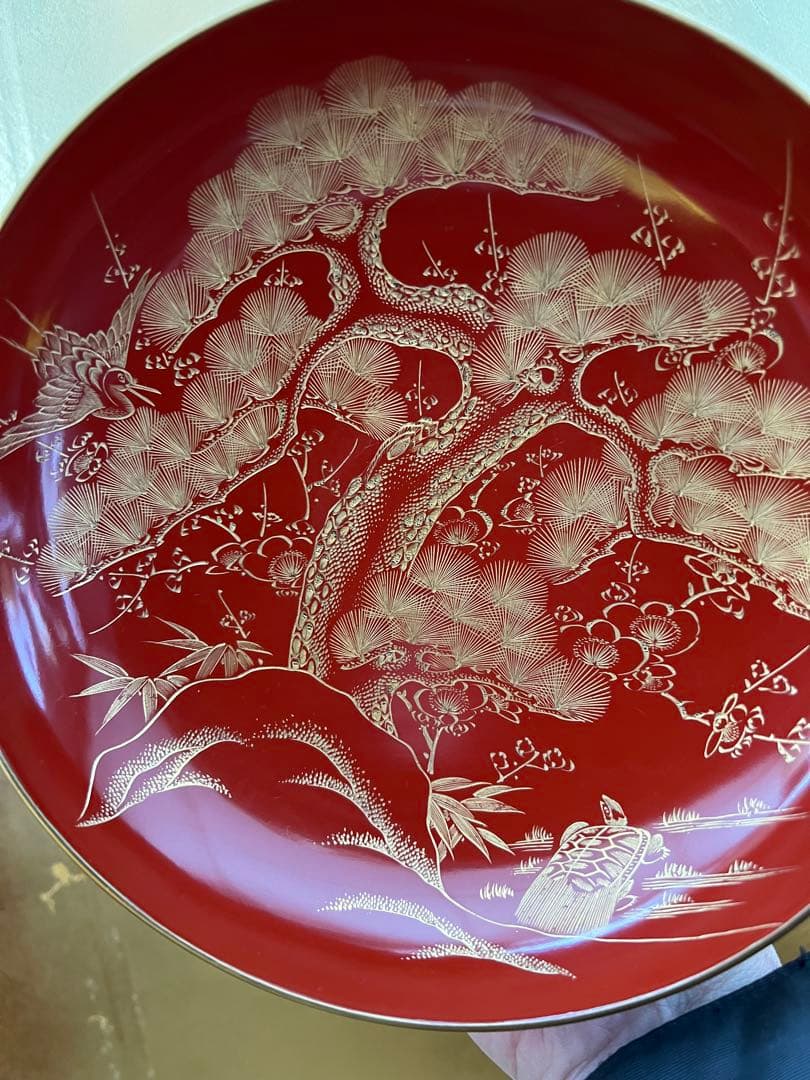 朱塗沈金鶴亀松竹梅文 盃台 五ツ組盃 木箱付