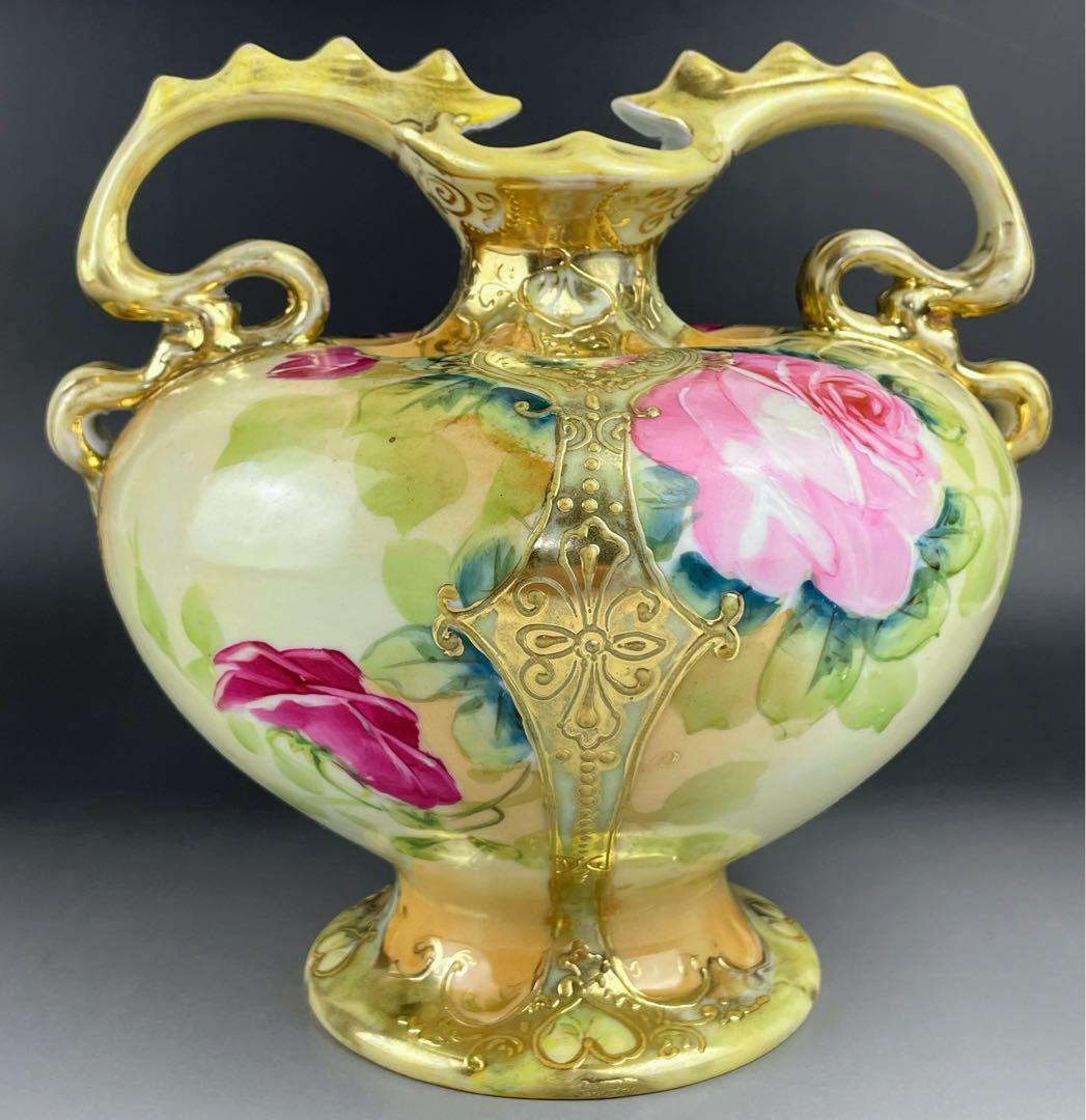 【大型】オールドニッポン 約２２cm アールヌーボー薔薇紋 花瓶 バラ