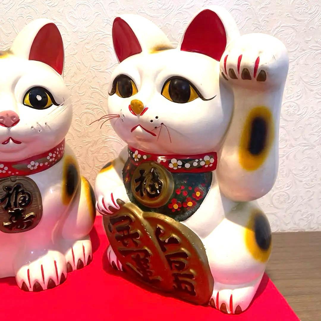 昭和レトロ【幸運招き猫ペア】大43cmX30cm商売繁盛陶器オブジェ置き物
