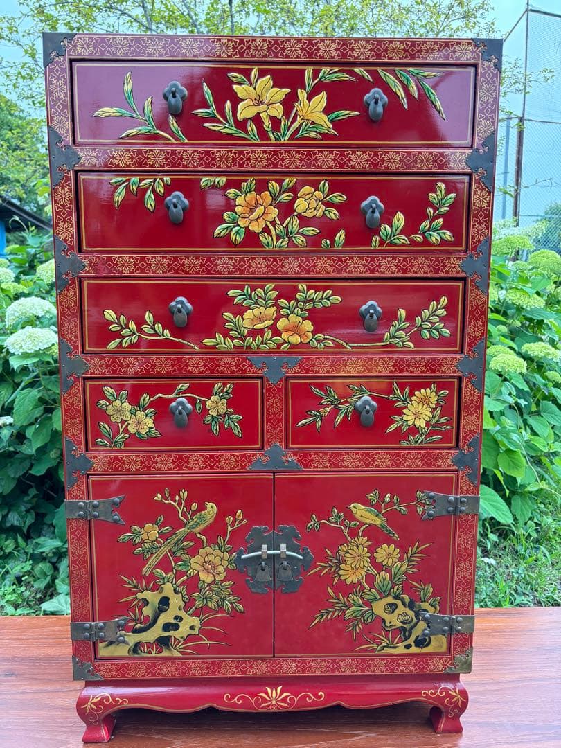 赤い花柄の木製タンス シノワズリ家具 中国民藝 漆塗り アンティーク