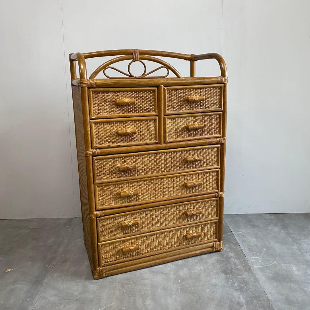 ヴィンテージ ラタン 籐 チェスト 棚 箪笥 6段 8杯 昭和レトロ 収納