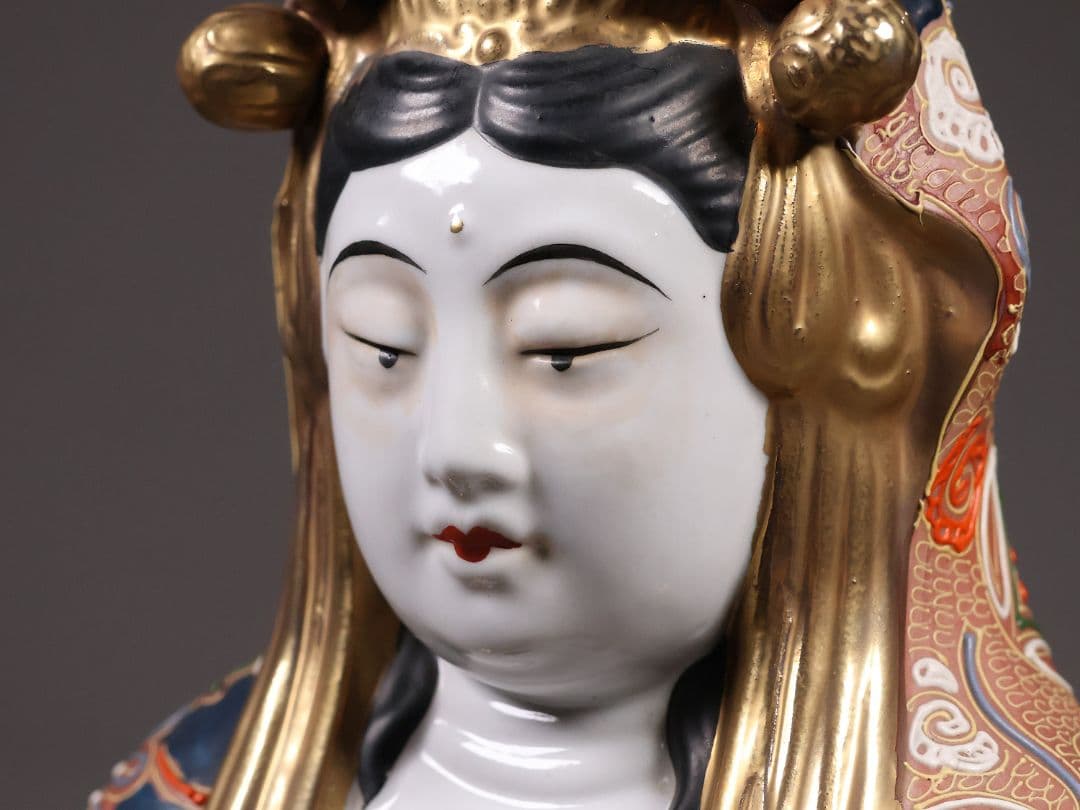 九谷焼 八幡窯 観音菩薩立像 59.4cm 金彩 色絵 置物 仏像【MA818】