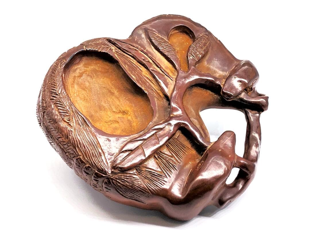 獺図木硯 】 カワウソ容彫り 骨董 桐箱付き