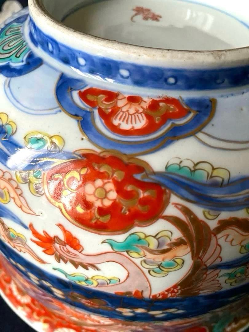 時代物骨董 古伊万里 豪華絢爛染錦金襴手・色絵大鉢 鳳凰飛翔図 飾り鉢