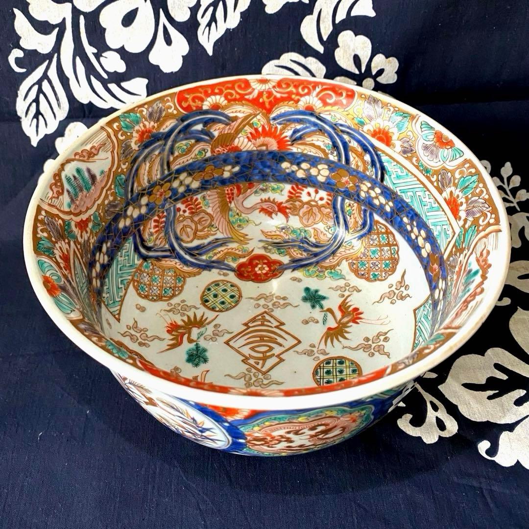 時代物骨董 古伊万里 豪華絢爛染錦金襴手・色絵大鉢 鳳凰飛翔図 飾り鉢