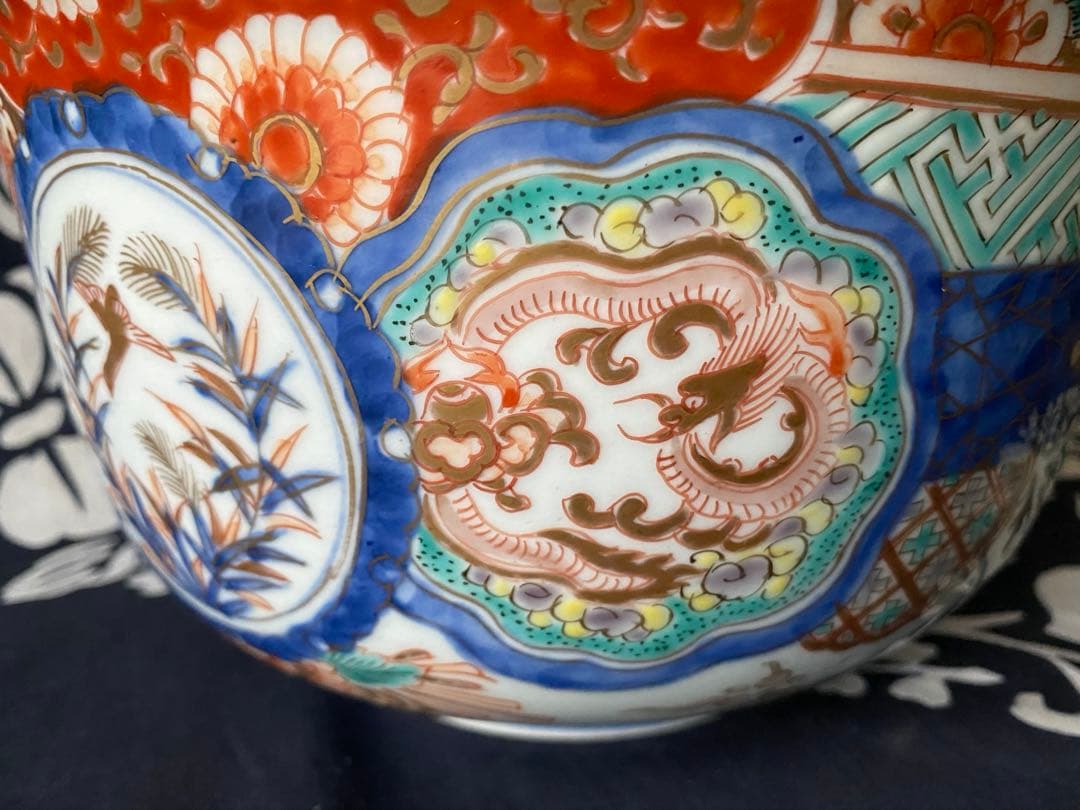 時代物骨董 古伊万里 豪華絢爛染錦金襴手・色絵大鉢 鳳凰飛翔図 飾り鉢
