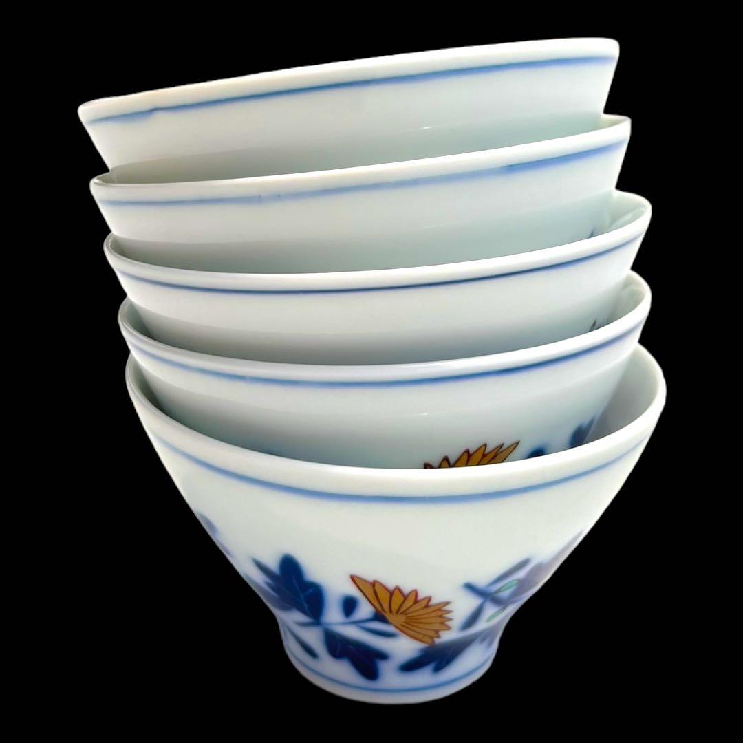 江後期～明治時代 豊楽燒 染付 金彩 菊花絵文　湯呑み5点　茶器　手書き　尾張