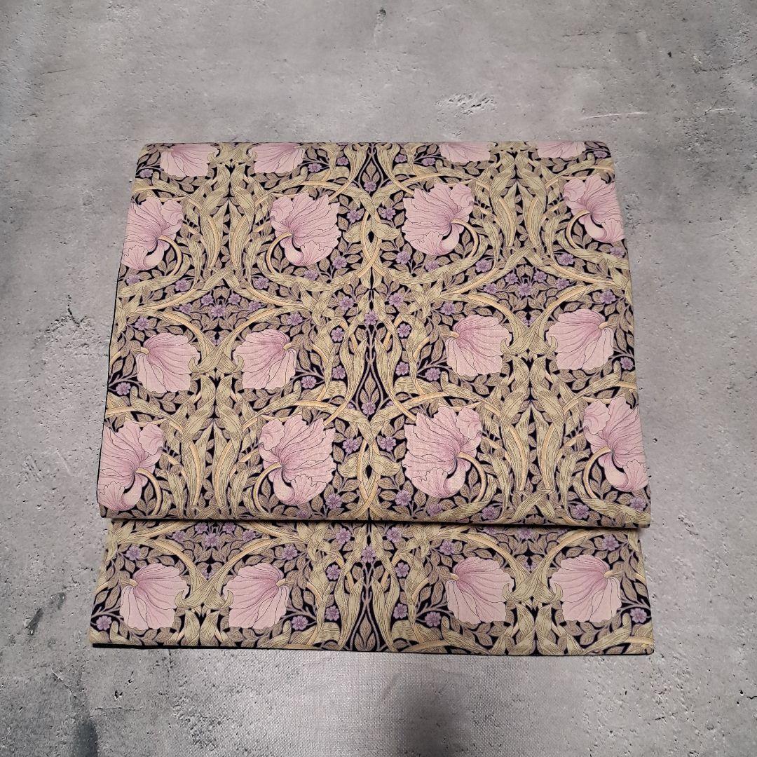 開き名古屋帯 ウィリアムモリス ピンパーネル ラベンダー×正絹紬 米沢