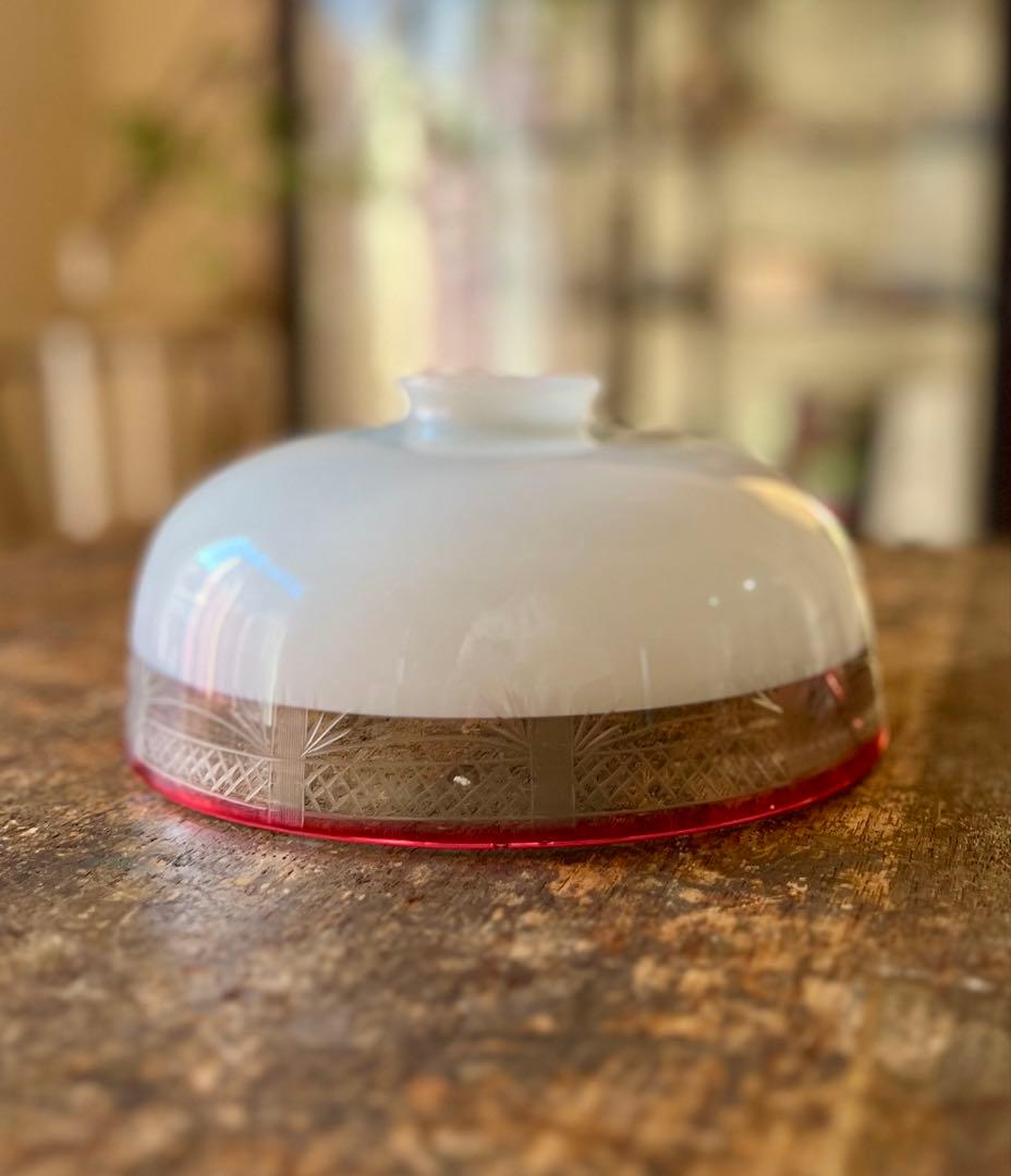 大正ロマン 切子縁赤電笠 和ガラス 灯り 照明 アンティーク 古道具