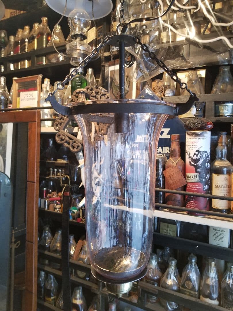 希少 ヴィンテージ ロートアイアン 釣り鐘 気泡 手吹き 硝子 吊り下げ