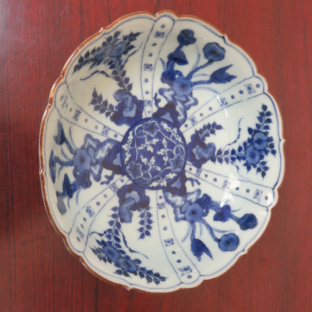 染付 なます皿 2ケ 芙蓉手 明治 花文様 輪花 花弁 唐
