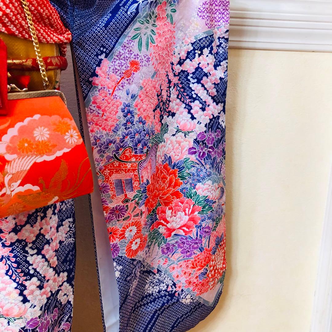 七五三7歳‼️豪華絞り柄風御所車牡丹花々金糸刺繍煌びやか全てついてる完全フルセット